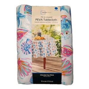 Mainstays Peva Vinyl Tablecloth 70" Round Summer Turquoise and Pink Sea Life New
